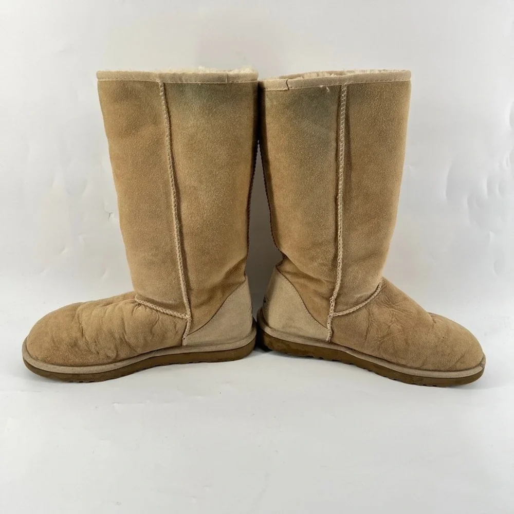 UGG Classic Tall Boots 5815 Womens 8 Suede Sheepskin Shearling Tan Beige Leather